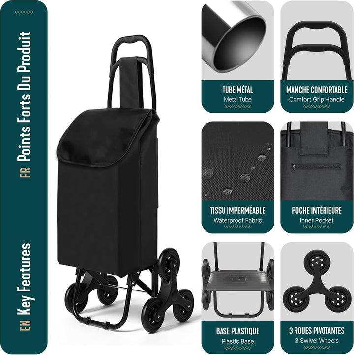 VOUNOT Einkaufstrolley Klappbar Treppensteiger, 3 Räder Einkaufswagen Faltbar, Einkaufsroller Trolly