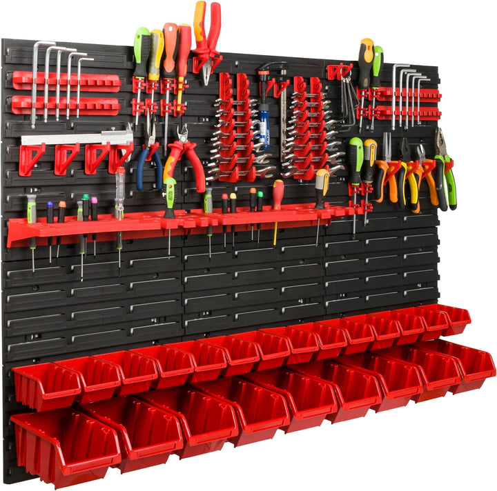 Lagersystem Werkstattregal | 117 x 78 cm | 23 stck. Box | Wandregal mit Werkzeughalterungen und Stap
