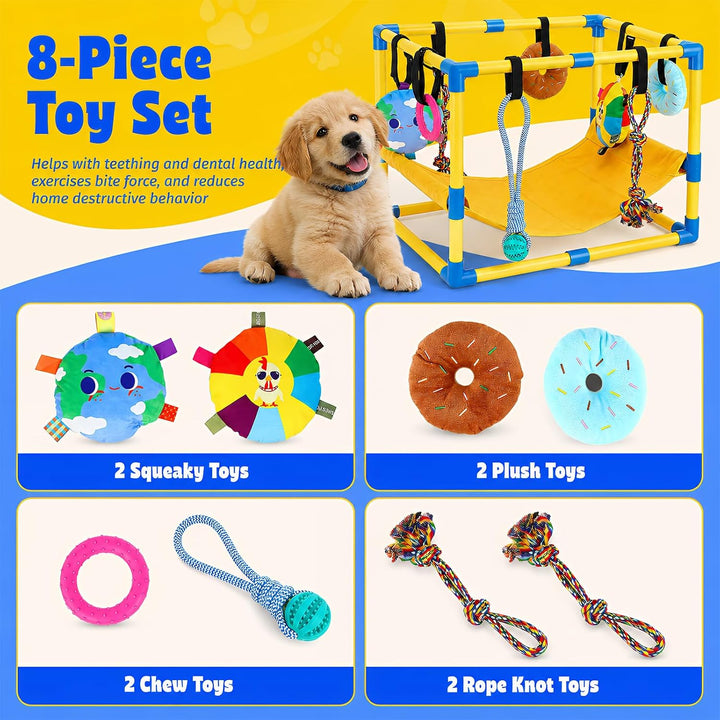 Welpen Spielgerüst Welpenspielstudio mit 8 hängenden Spielzeugen Wurfbox | für kleine Hunde Indoor S