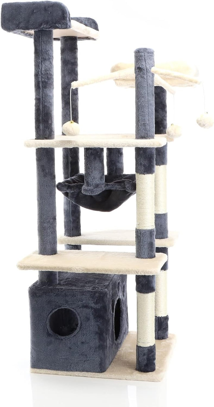 Fudajo Kratzbaum in Dunkelgrau/Beige 134 cm hoch, Katzenkratzbaum mit Katzenhaus + Liegemulde, Katze