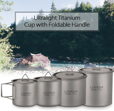 Lixada Titanium Topf Camping Tragbar Titan Wasser Tragbar Becher Tasse Klappgriff(300 ml,350 ml,420m