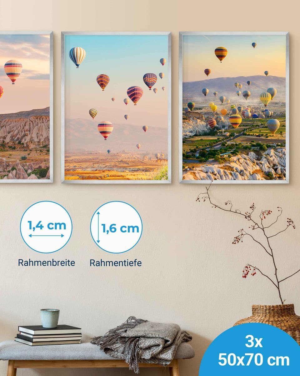 PHOTOLINI Bilderrahmen 50x70 Holz MDF 3er Set Silber, 50x70 cm Bilderrahmen gross, Rahmen 70x50 Puzz