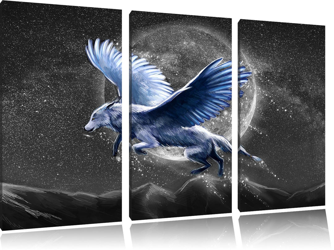 Pixxprint Wolf mit Flügeln als Leinwandbild | Grösse: 3 Teilig (120x80) | Wandbild| Kunstdruck | fer