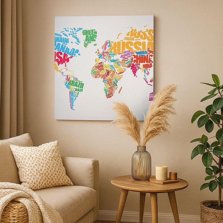 Bilder auf Leinwand Karte Worte Welt Geographie Leinwandbild 60x60cm Wandbilder Dekoration Wohnzimme