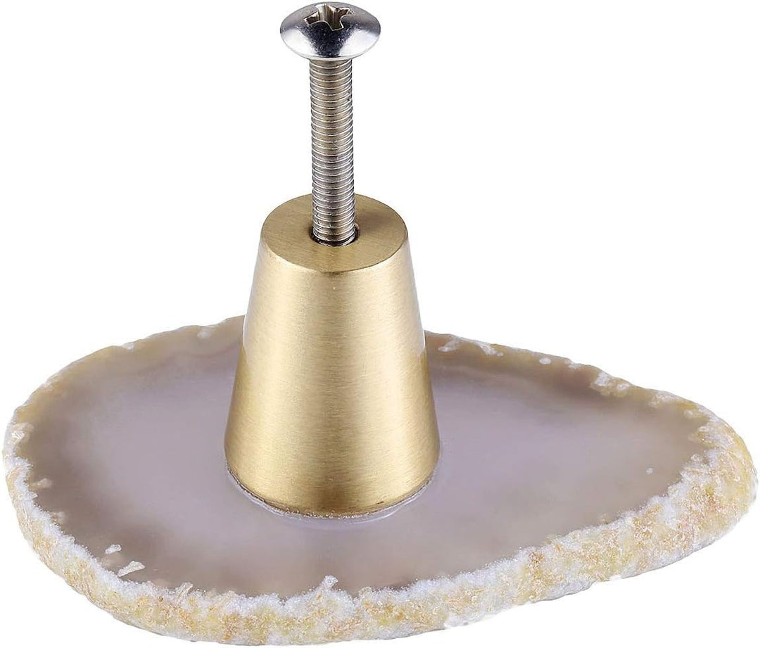 KYEYGWO 4 Stück Natürliche Farbe Unregelmässig Achat Scheiben Möbelknöpfe mit Schraube, Messing Schu