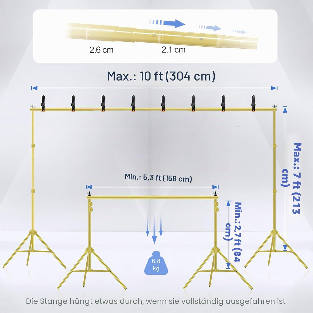 EMART Goldener Foto Hintergrund Ständer, 2x3m Verstellbarer Hintergrundsystem mit 8 Hintergrundklemm