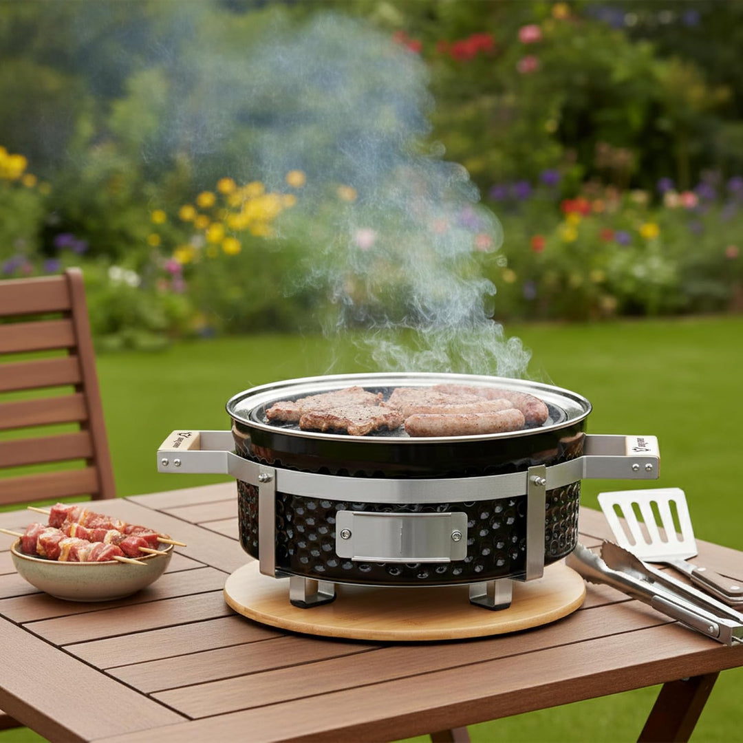 BBQ-Toro Keramik Holzkohletischgrill mit Holzunterlage | Ø 29,5 cm | Outdoor Hibachi Grill für Campi
