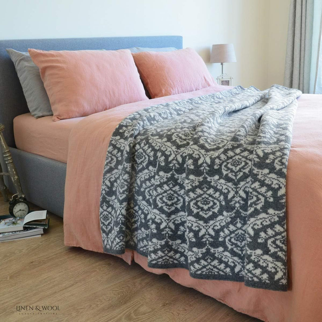 Linen & Cotton Jacquard Decke Wolldecke Gestrickt Caressa Damast Muster - 100% Reine Neuseeland Woll