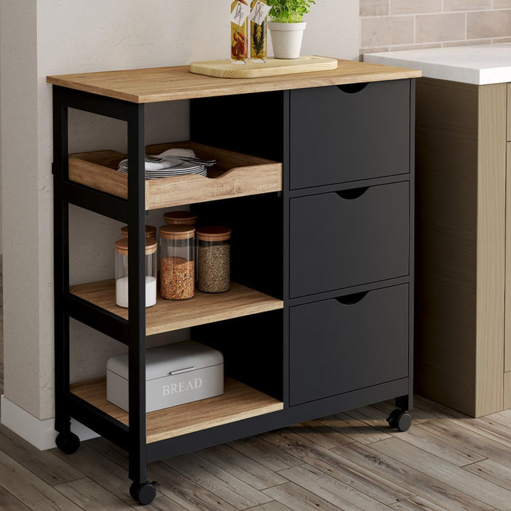 IDMarket - Küchenwagen MUNA 3 Körbe + 1 abnehmbares Tablett schwarz und Bucheffekt B.76 cm