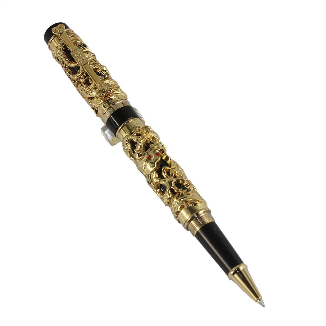Gullor Edelste Drache und Phoenix Rollerball mit PU-Leder Stifttasche - golden Golden with Pen pouch