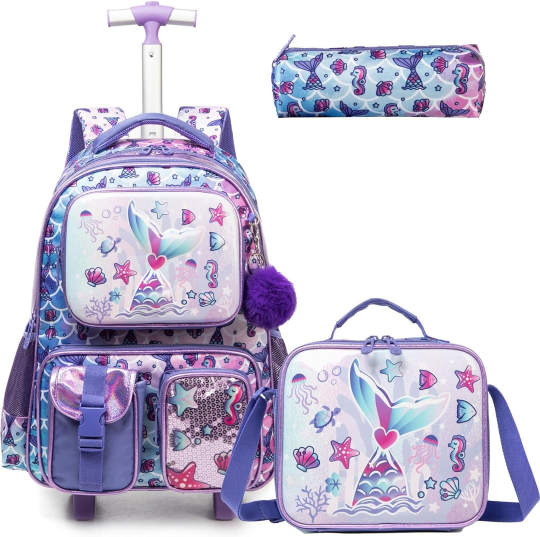 Egchescebo Kinder Rolling Rucksack für Mädchen Fischschwanz Koffer Trolley Roller Gepäck Rucksäcke a