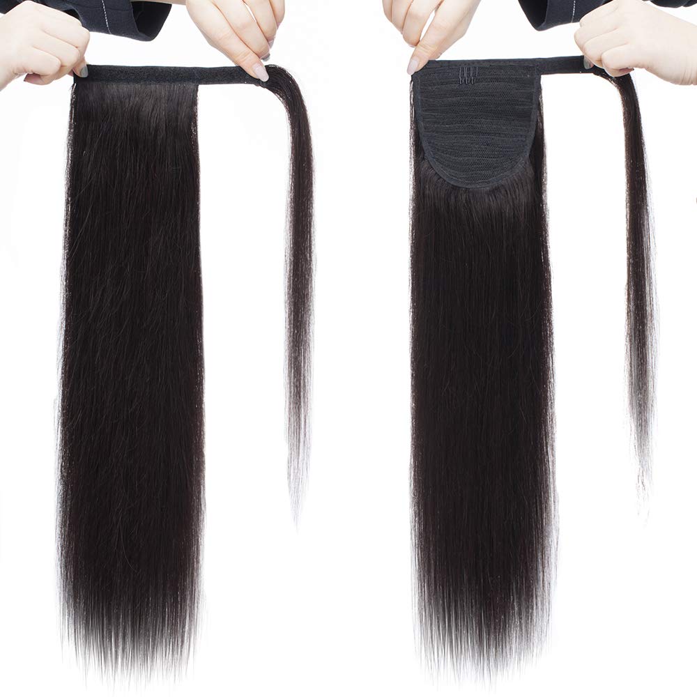 SEGO Ponytail Extension Echthaar Pferdeschwanz Haarteil Haarverlängerung Zopf Glatt Naturschwarz #1B