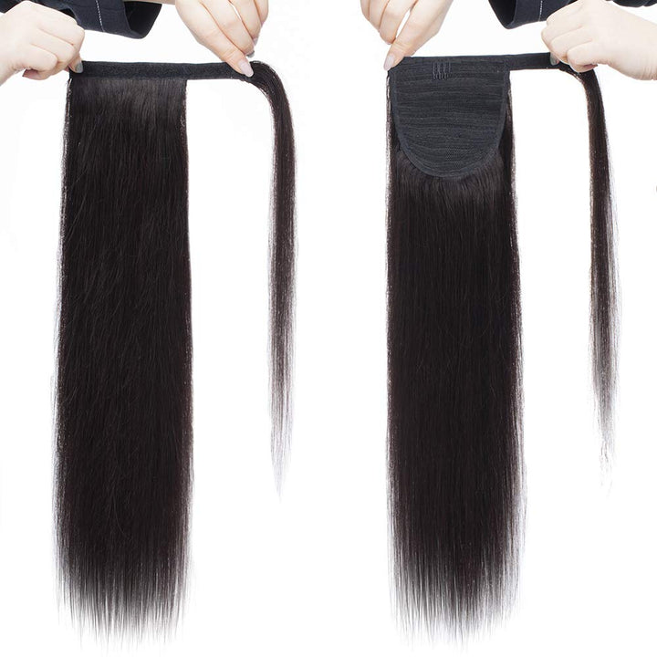 SEGO Ponytail Extension Echthaar Pferdeschwanz Haarteil Haarverlängerung Zopf Glatt Naturschwarz #1B
