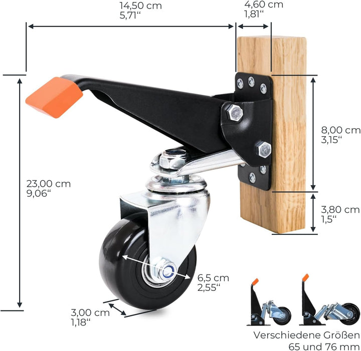 HMF 6750 Schwerlastrollen absenkbar für Werkbank | 4 Stück | 65 mm | bis 300 kg | Schwarz