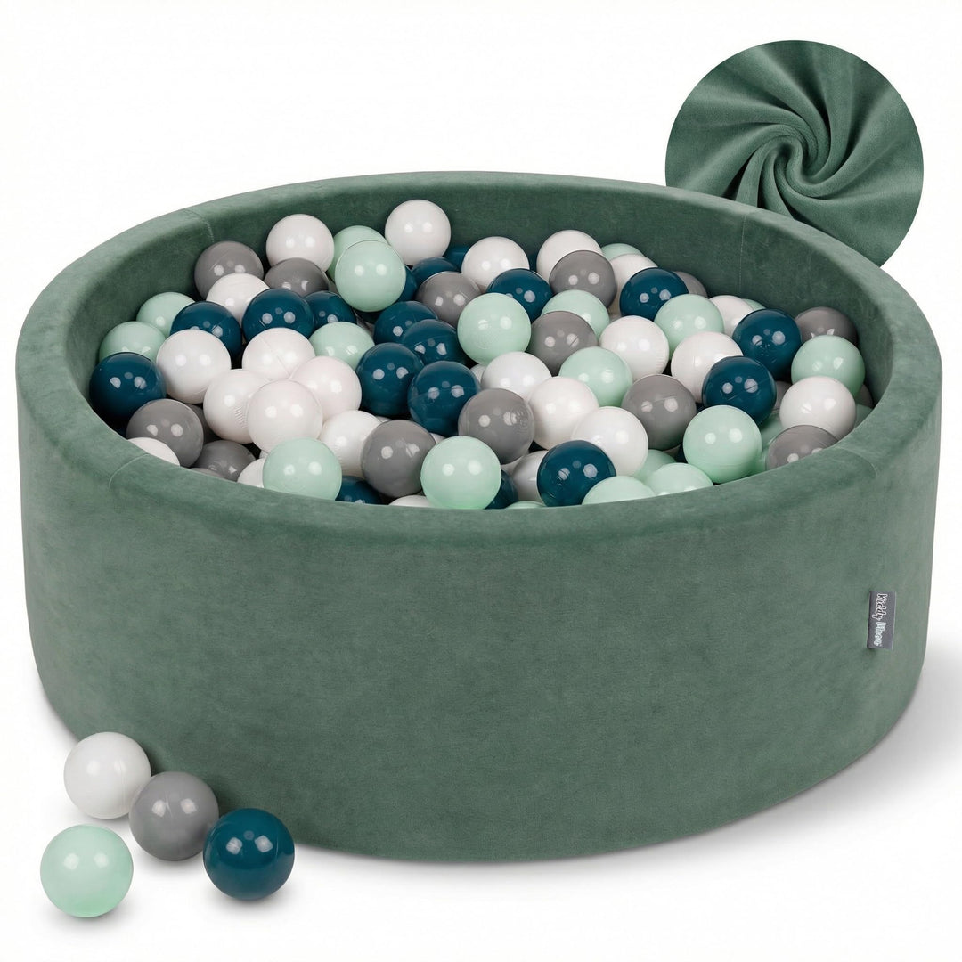 KiddyMoon Velours Bällebad Rund für Babys 90x30 mit 200 Bälle 7cm Ballgruben Sensorik Spielzeug Wald
