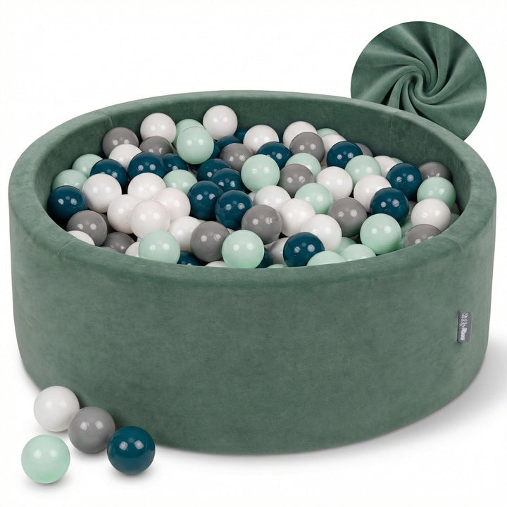 KiddyMoon Velours Bällebad Rund für Babys 90x30 mit 200 Bälle 7cm Ballgruben Sensorik Spielzeug Wald