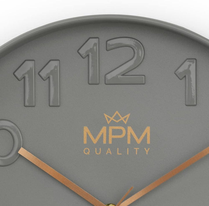MPM Quality Design Wanduhr, Grau, Modern Kunststoff Uhr, Glas, Quarz-Uhrwerk Sweep, 305x305x42 mm, f