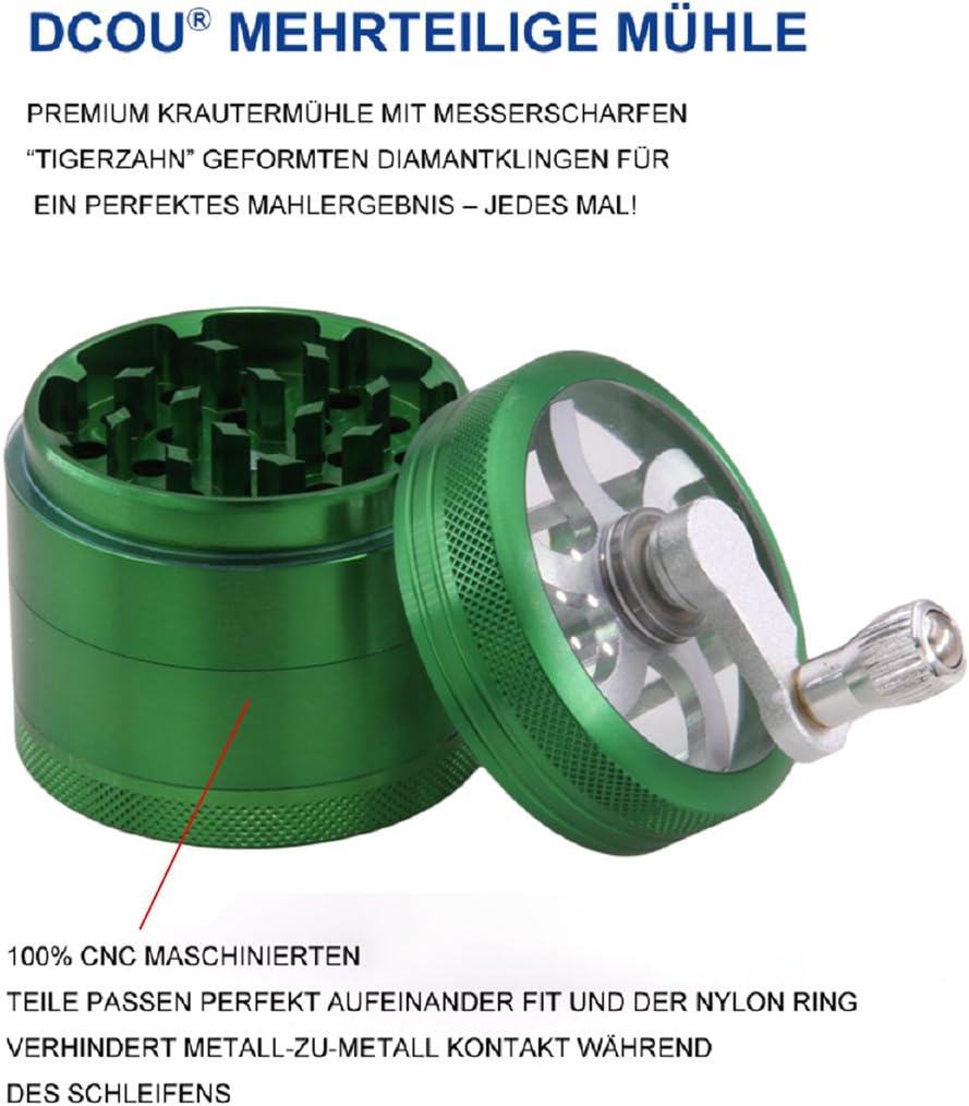 DCOU Handkurbel Premium Mühle unzerbrechlich CNC Aluminium Metall Mahler Schleifer 4 Teile Ø55mm Grü