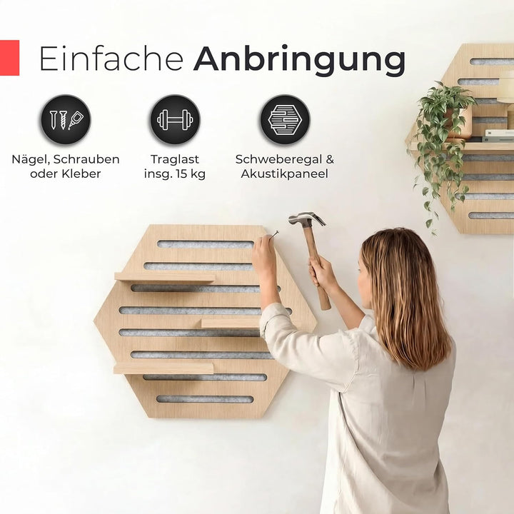 Akustikpaneele Holz Wandregal – Echtholz Eiche & Akustikfilz Grau | Hexagon 65x52cm – Regal & Schall