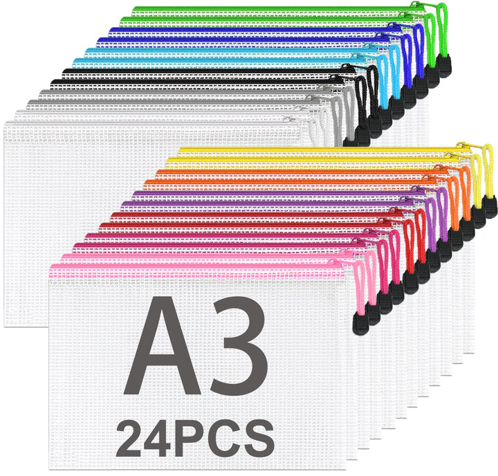ASelected 24 Stücke Dokumententasche A3 Reissverschluss, 12 Farbe Mesh Kunststoff Reissverschlusstas
