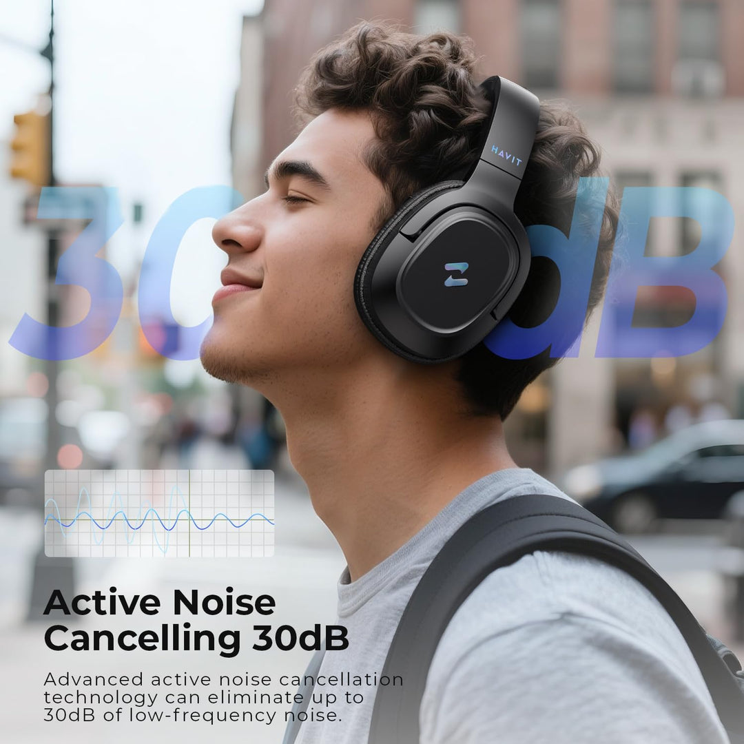 Havit Kopfhörer mit aktiver Geräuschunterdrückung, kabellose Over-Ear-Bluetooth-Kopfhörer mit 60 ms