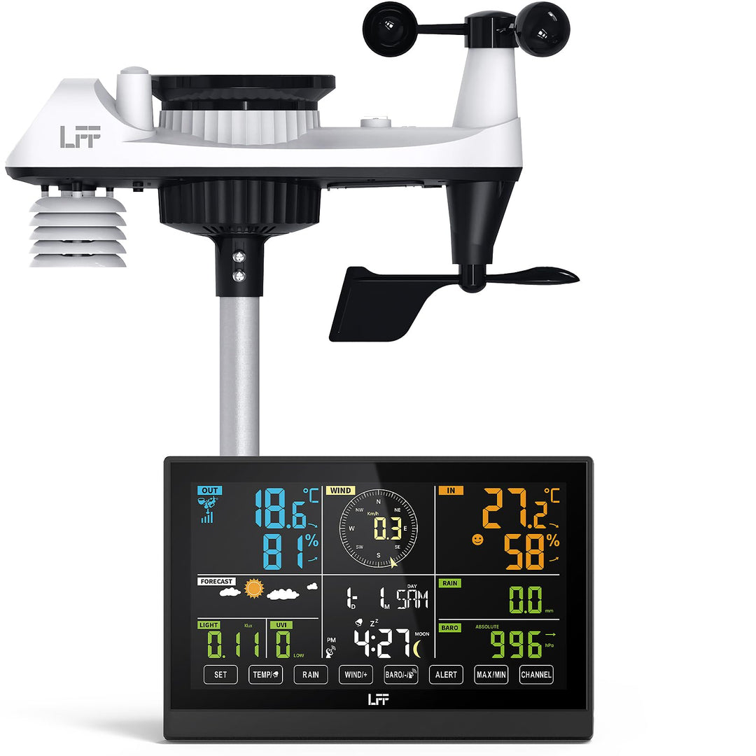 LFF 7-In-1 Wetterstation Funk mit Aussensensor, 7,5-Zoll-Display Funkwetterstation mit DCF-Funkuhr,