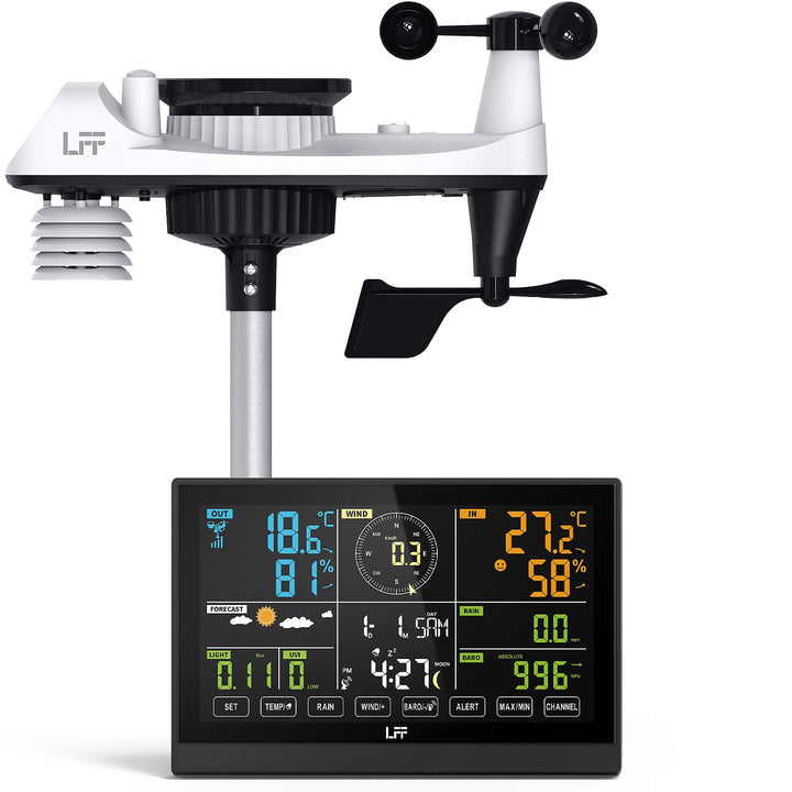 LFF 7-In-1 Wetterstation Funk mit Aussensensor, 7,5-Zoll-Display Funkwetterstation mit DCF-Funkuhr,