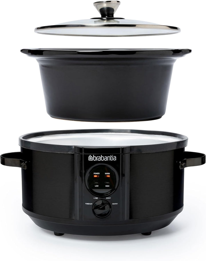 Brabantia Slow Cooker, 3,5 Liter (3-4 Personen), Entnehmbare Keramikschale & Glasdeckel, 3 Temperatu