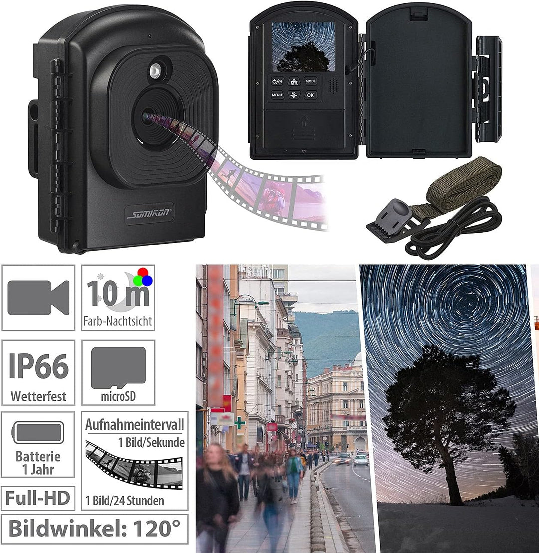 Somikon Baustellenkamera: Full-HD-Zeitraffer-Kamera, 1080p, 1 Jahr Laufzeit, Stativ, 120°, IP66 (Zei
