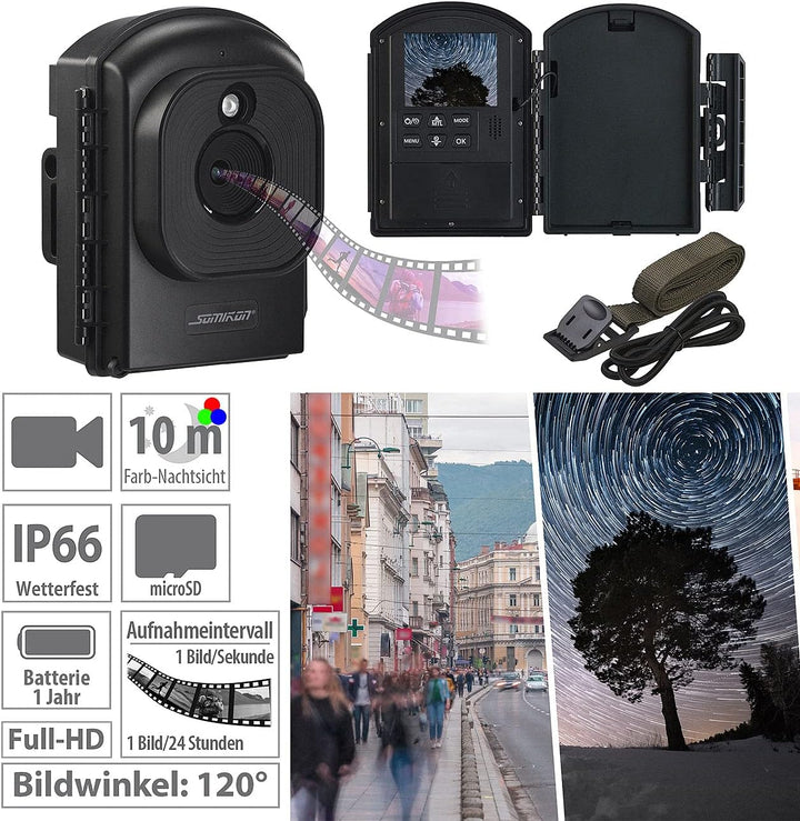 Somikon Baustellenkamera: Full-HD-Zeitraffer-Kamera, 1080p, 1 Jahr Laufzeit, Stativ, 120°, IP66 (Zei