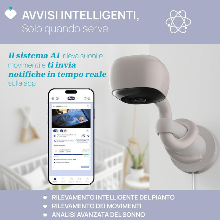 Chicco Video-Babyphone Wi-Fi Smart AI, 2K UHD Kamera mit Infrarot-Nachtsicht, dedizierte App, mehrfa