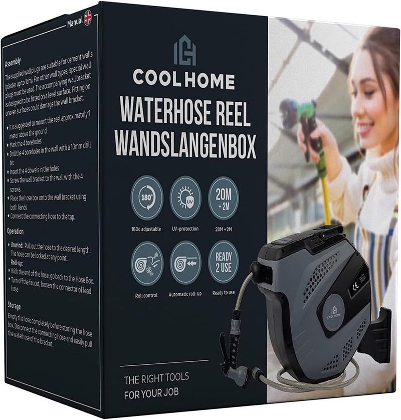 CoolHome Schlauchtrommel 15 Meter + 1,5 Meter - Wandschlauchbox mit automatische Aufrollung - 180° d