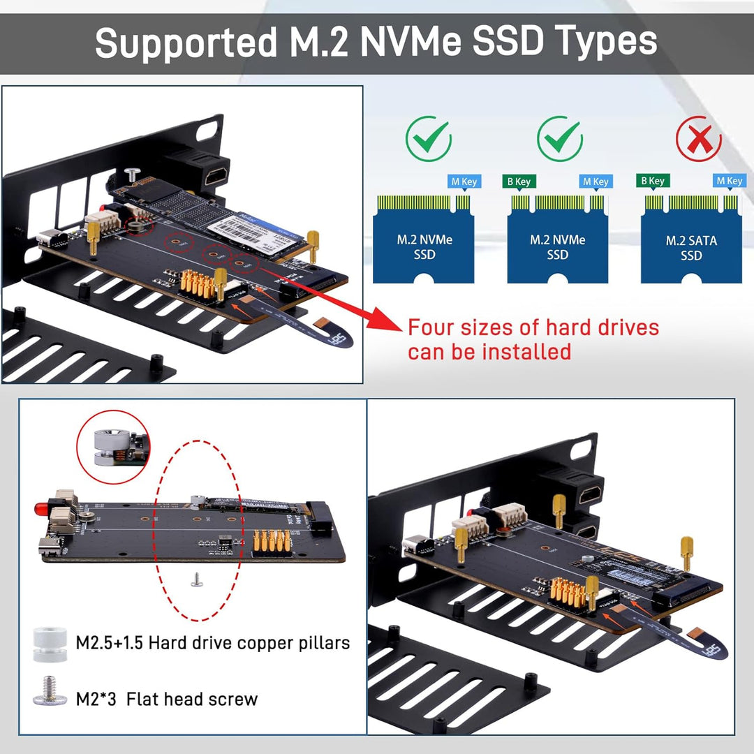 GeeekPi 10 Zoll 1U Rack-Halterung für Raspberry Pi 5, mit 2PCS PCIe auf M.2 NVMe SSD Adaptern, hält