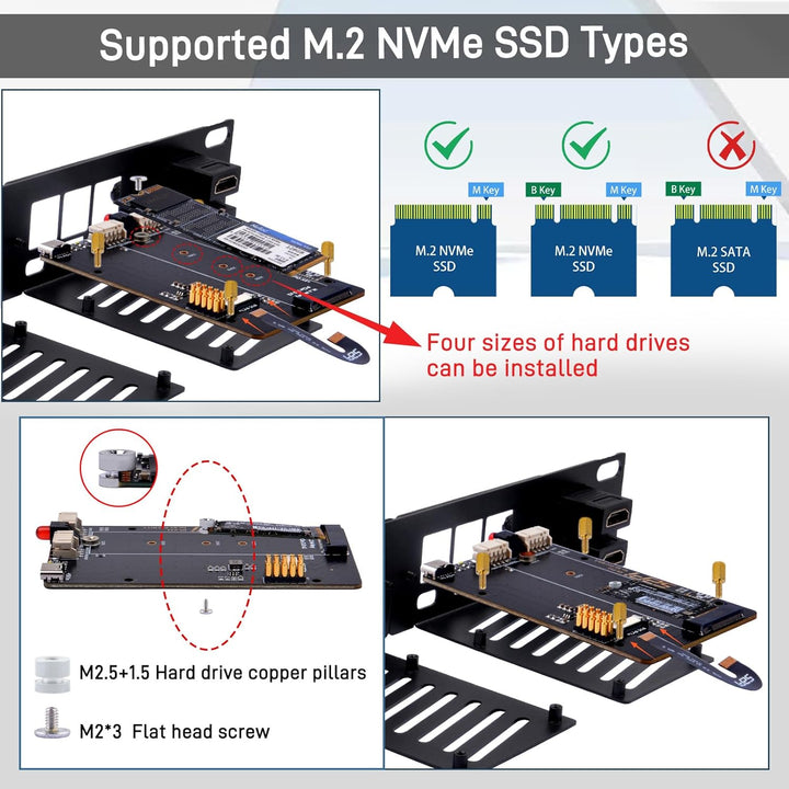 GeeekPi 10 Zoll 1U Rack-Halterung für Raspberry Pi 5, mit 2PCS PCIe auf M.2 NVMe SSD Adaptern, hält