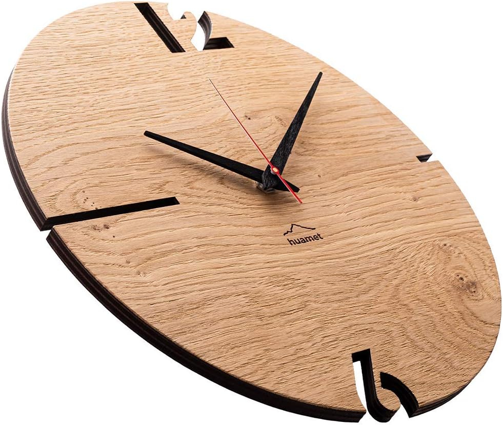 huamet Wanduhr Holz Eiche astig PUHR, rund - Design Holzwanduhr, geräuschlos ohne Tickgeräusch - Qua