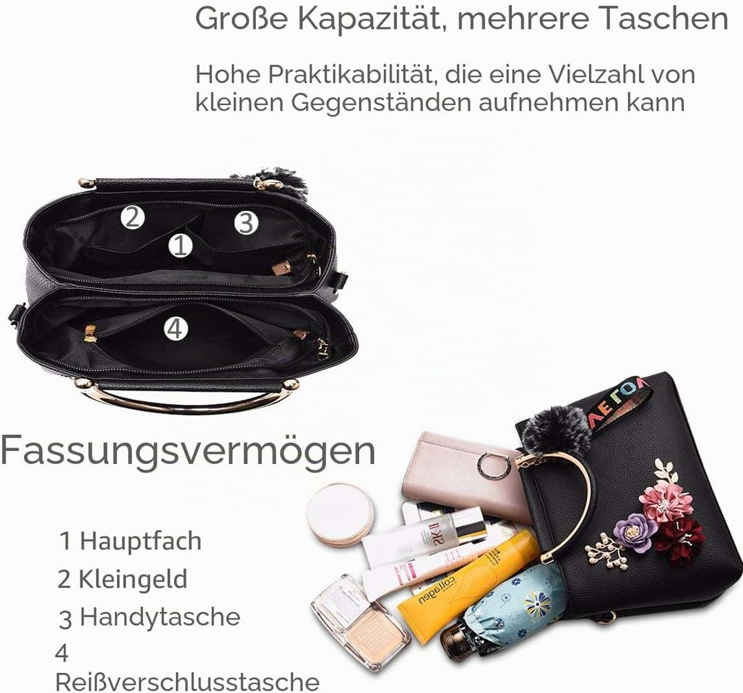 NICOLE &amp; DORIS Damen Leder Handtasche Umhängetaschen mit Blume Jahrgang Griff Tasche Designer Tote G