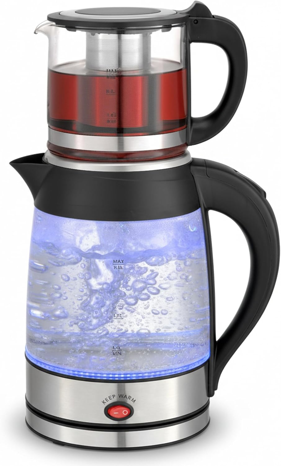 Siberg Teekocher Set 3-in-1 – Türkische Teemaschine mit 1,8L Wasserkocher, 800ml Glaskanne, 2200W Le
