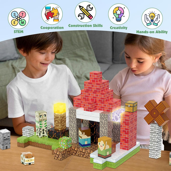 Magnetische Bausteine 200 Stück 2.5 CM Magnetbausteine Set mit Zauberportal, Leuchtende Magnetspielz