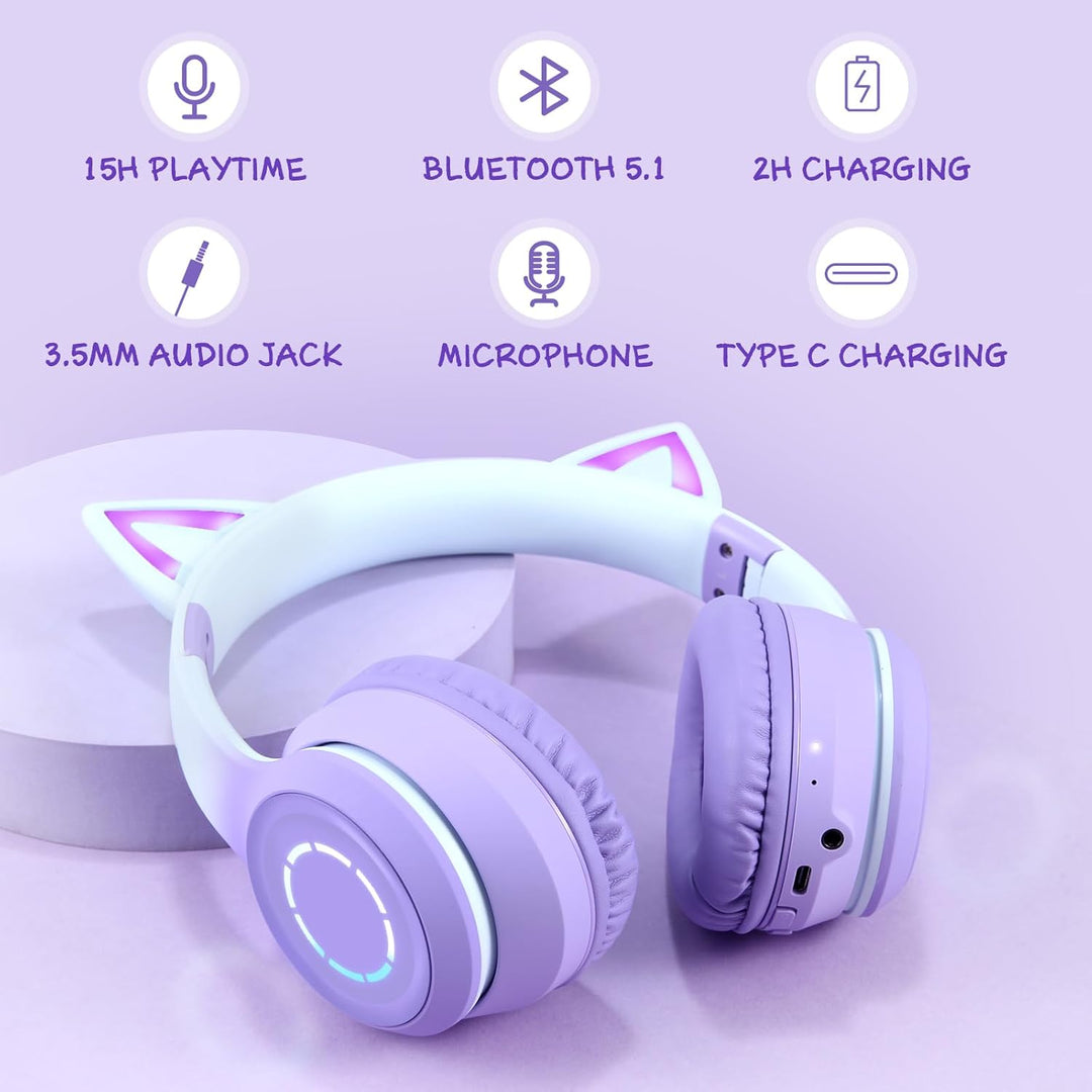 Sendowtek Kinder Kopfhörer, Mädchen Bluetooth Kopfhörer Over Ear Katze Kinderkopfhörer mit Abnehmbar