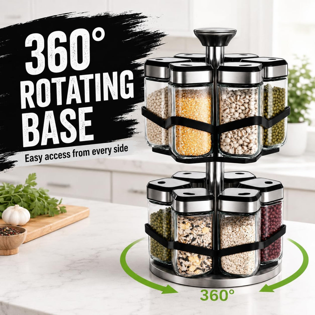 SIAZIH Gewürzregal Drehbar 2 Etagen mit 12 x 120ml Gewürzgläser, 360°-Uhr Lochgrösse wählen, 360° Ge