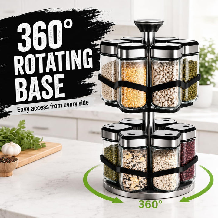 SIAZIH Gewürzregal Drehbar 2 Etagen mit 12 x 120ml Gewürzgläser, 360°-Uhr Lochgrösse wählen, 360° Ge