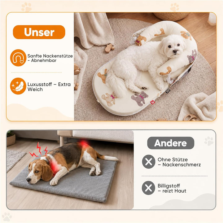 Hundebett 84x48x14,5cm Hundekorb Kleine, 2-seitiges Nackenkissen, Abnehmbare Waschbare Hundematte, H