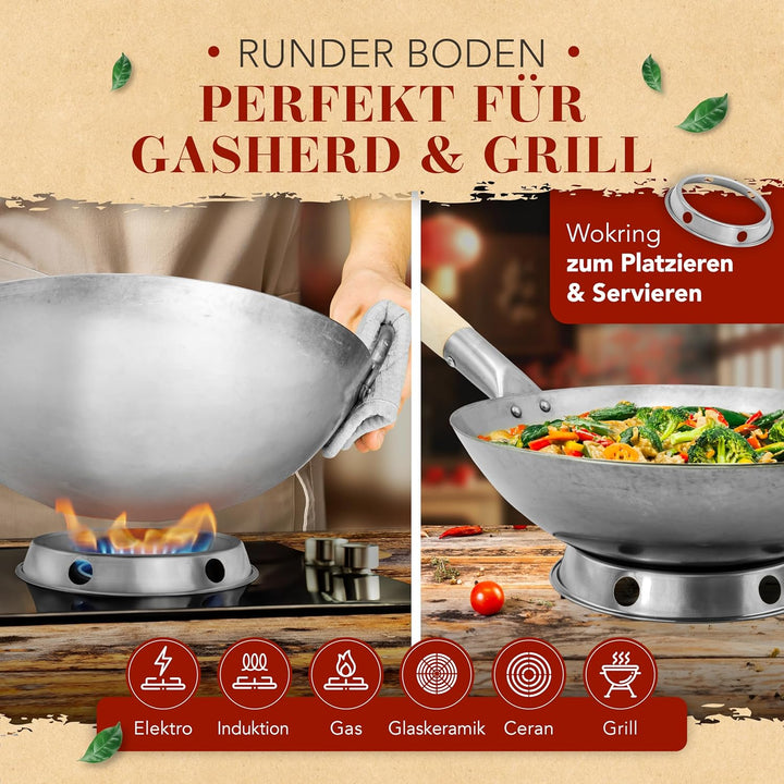 KRUSTENZAUBER 36cm Wokpfanne runder Boden - Traditionelle Stahlwokpfanne mit Wokwender u. Wokring -