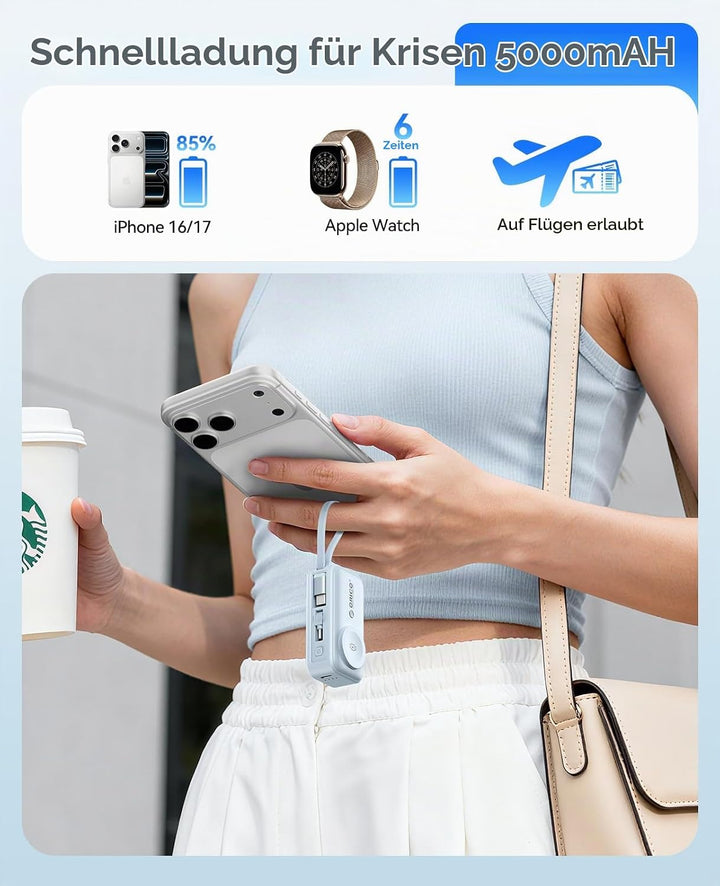 ORICO Mini Powerbank 5000mAh, PD 22,5W Externe Handyakkus mit Klappbarem USB-C Stecker &amp; USB-C Kabel