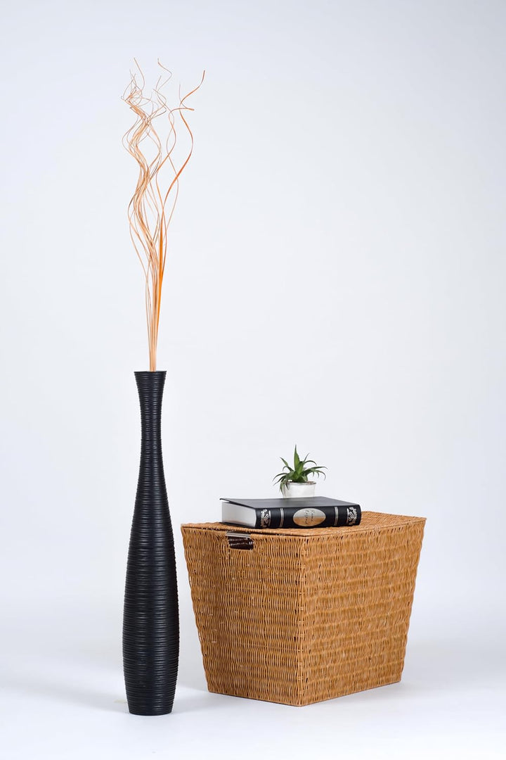 Leewadee Grosse Bodenvase für Dekozweige hohe Standvase Design Holzvase, Holz, 70 cm, Schwarz 70 cm