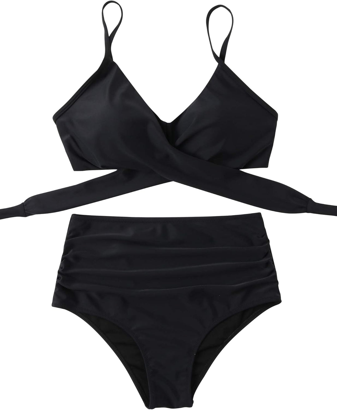 RXRXCOCO Damen Wickel Push Up Bikini Oberteil mit Bauchweg High Waist Bikini Set Bademode S Schwarz,