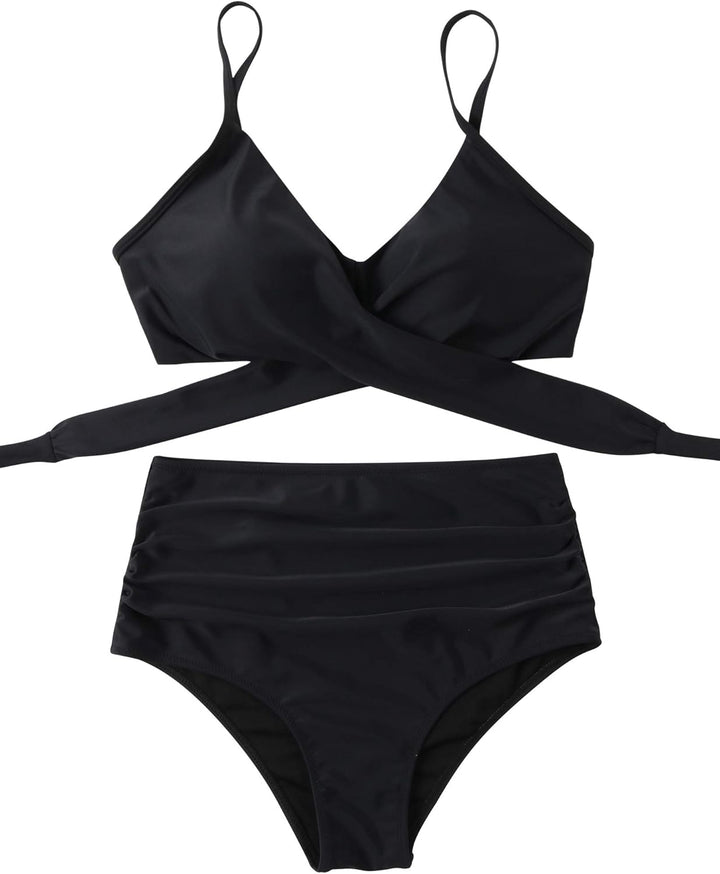 RXRXCOCO Damen Wickel Push Up Bikini Oberteil mit Bauchweg High Waist Bikini Set Bademode XL Schwarz