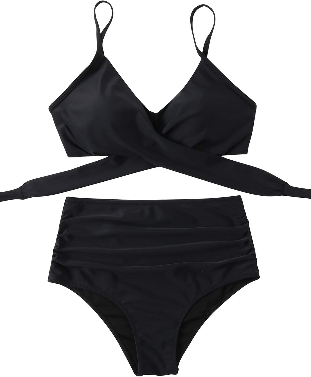 RXRXCOCO Damen Wickel Push Up Bikini Oberteil mit Bauchweg High Waist Bikini Set Bademode XL Schwarz
