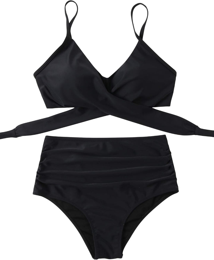RXRXCOCO Damen Wickel Push Up Bikini Oberteil mit Bauchweg High Waist Bikini Set Bademode XL Schwarz