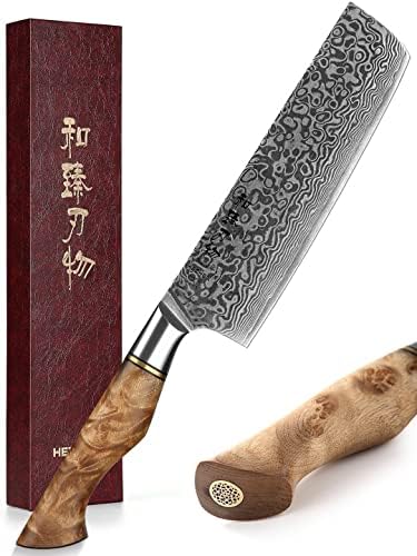 HEZHEN 18CM Japanischer Stil Damast Nakirimesser, Küchenmesser 67 Schicht Damaskus Stahl Kochmesser,